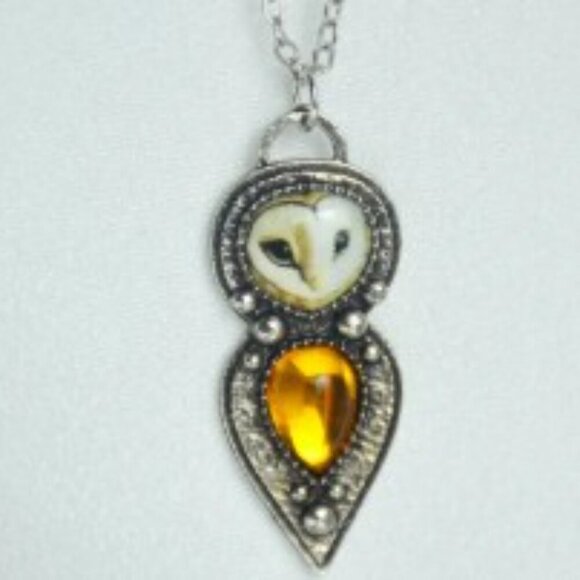 Boho Owl Necklace with Yellow Glass Pendant - Antique Silver-Plated Alloy - Picture 2 of 11